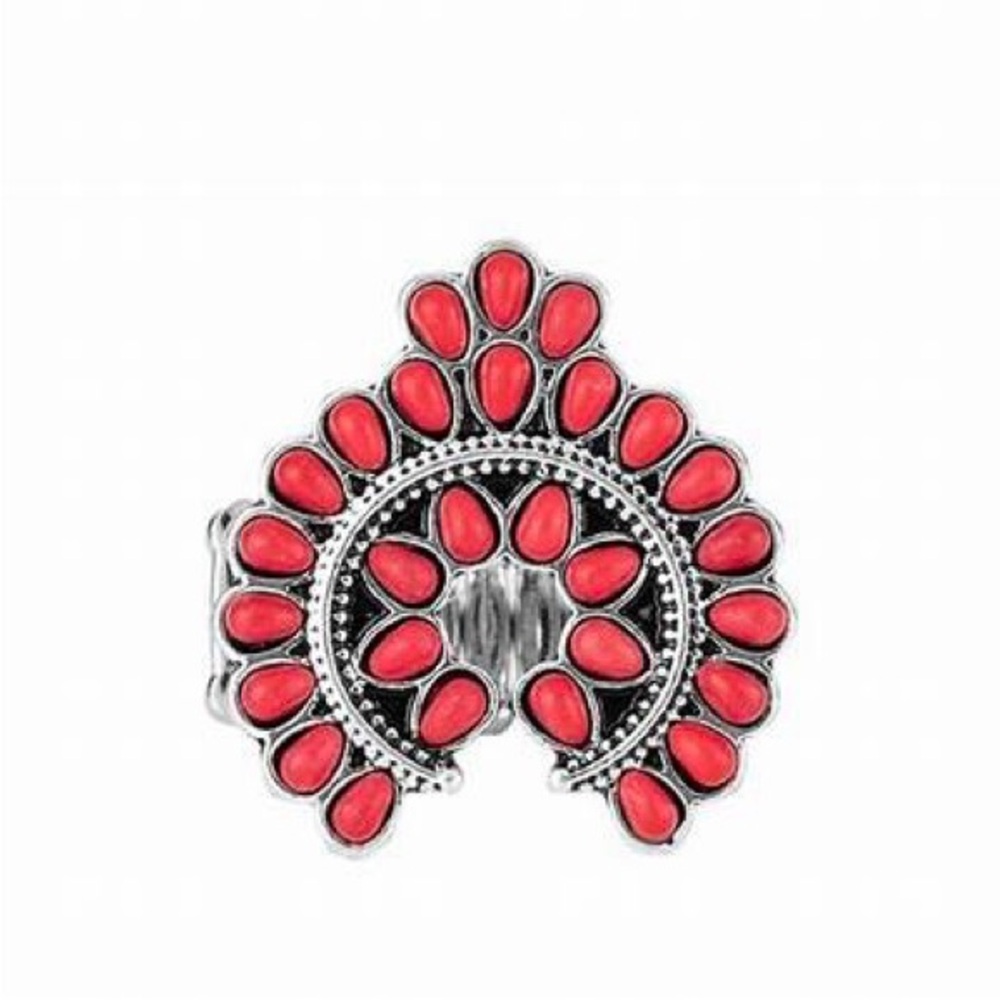 *Silver and red stone ring.